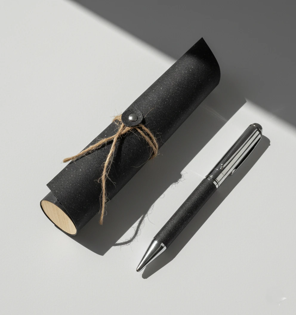 Eco friendly metal pen with recycled leather barrel