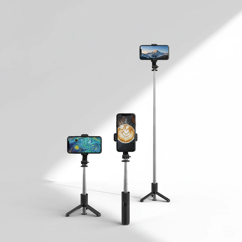 Mobile tripod with selfie stick & camera shutter