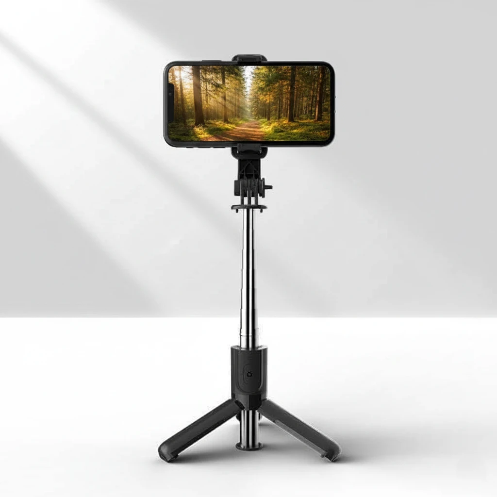 Mobile tripod with selfie stick & camera shutter