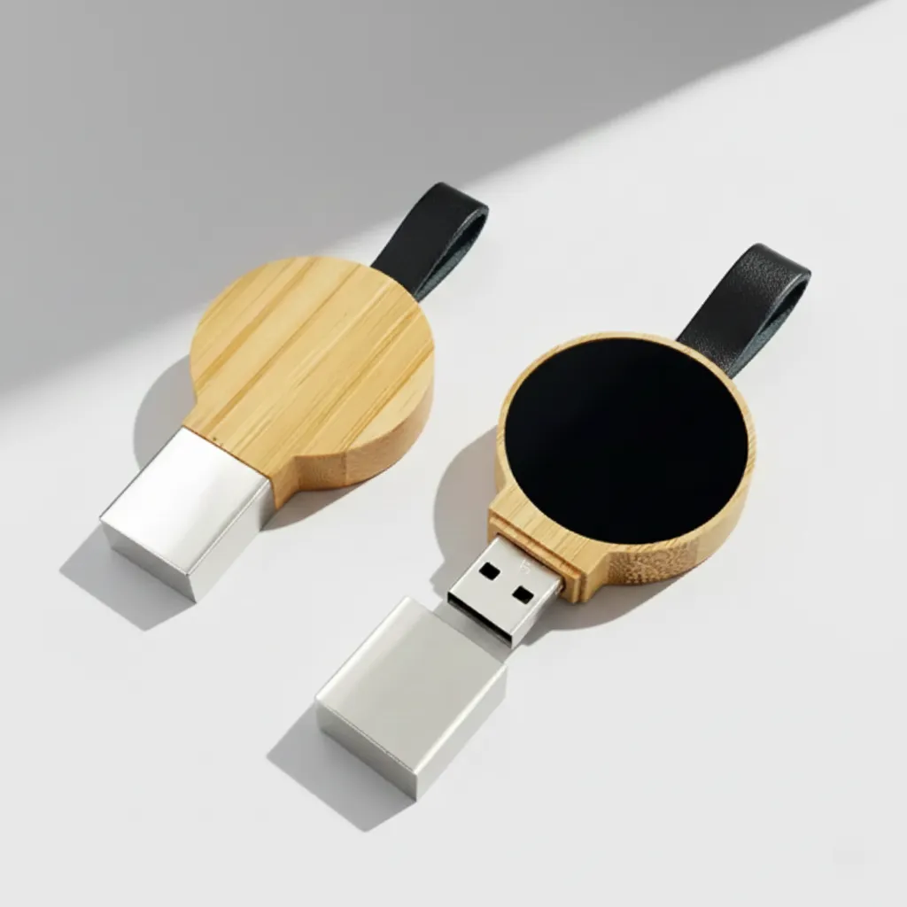 Round Bamboo LED USB Flash Drive
