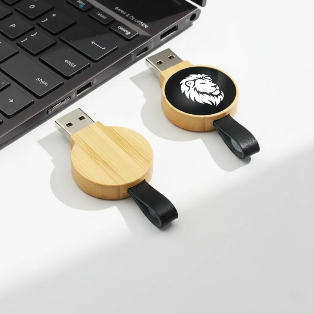 Round Bamboo LED USB Flash Drive