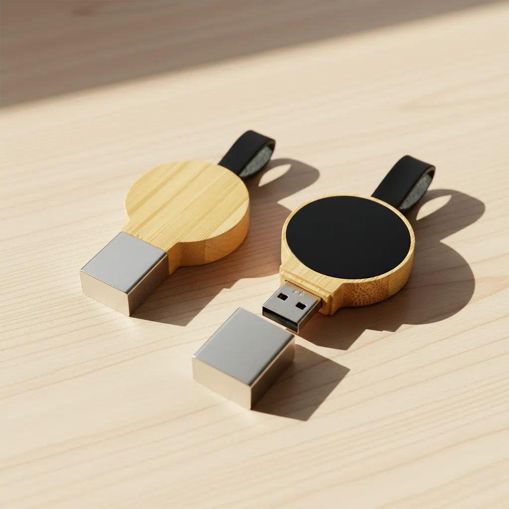 Round Bamboo LED USB Flash Drive