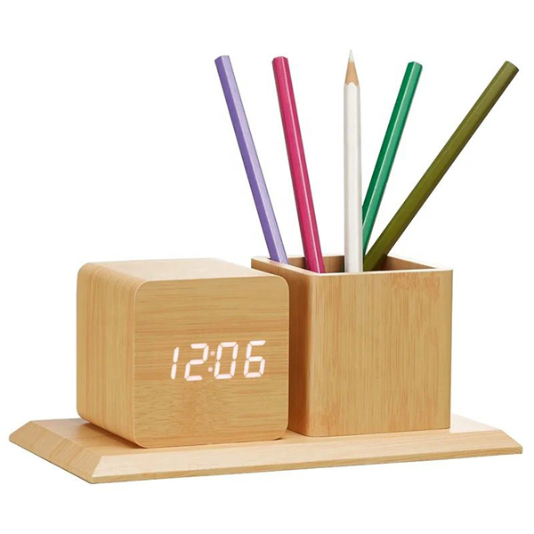 Digital Bamboo Desk Clock with Pen Holder