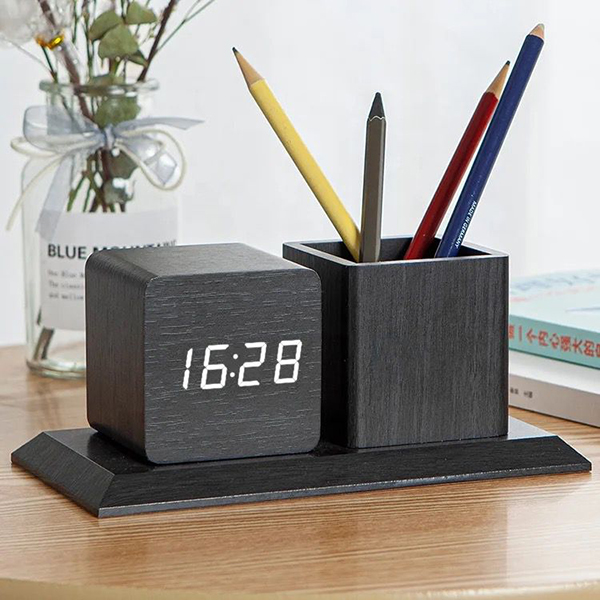 Digital Bamboo Desk Clock with Pen Holder