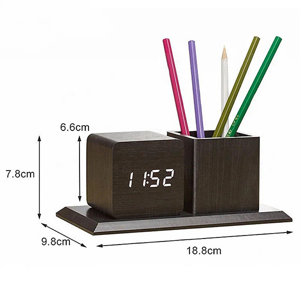 Digital Bamboo Desk Clock with Pen Holder