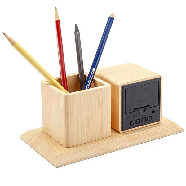 Digital Bamboo Desk Clock with Pen Holder