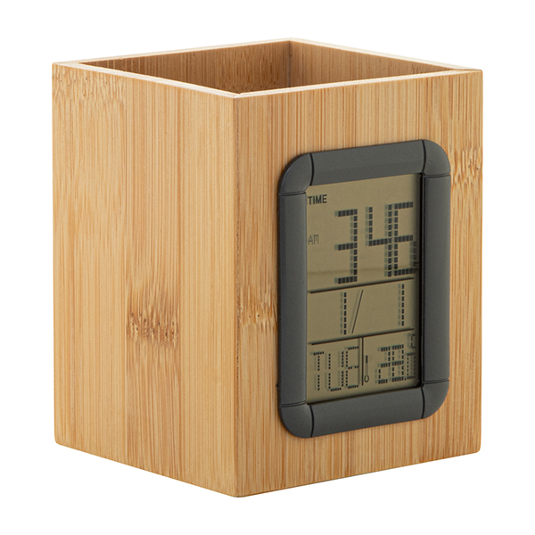 Bamboo Pen Holder with LCD Clock and Temperature Display