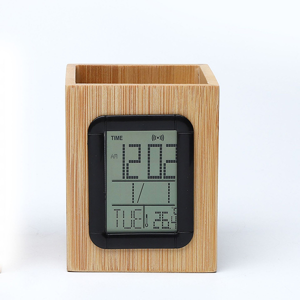 Bamboo Pen Holder with LCD Clock and Temperature Display