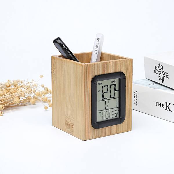 Bamboo Pen Holder with LCD Clock and Temperature Display