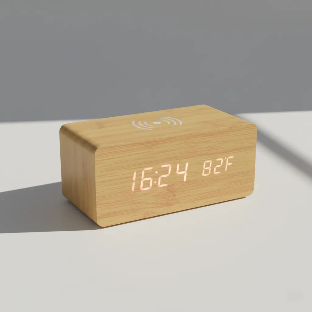 Wooden Digital Alarm clock with wireless charger