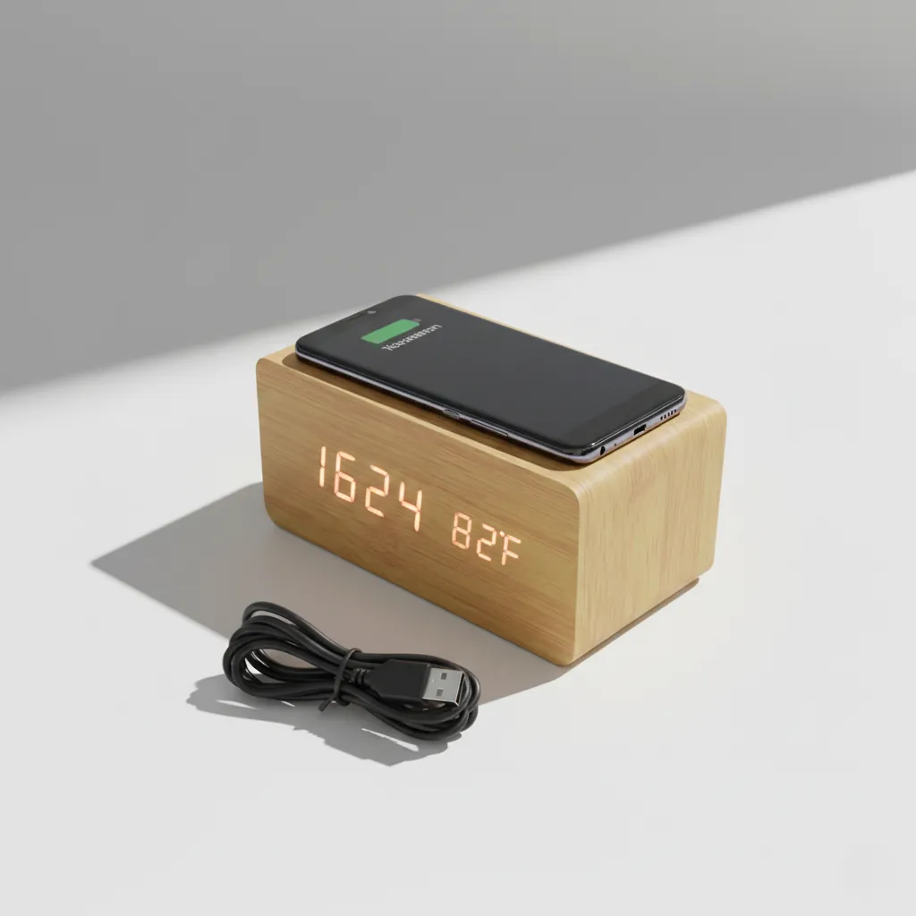 Wooden Digital Alarm clock with wireless charger