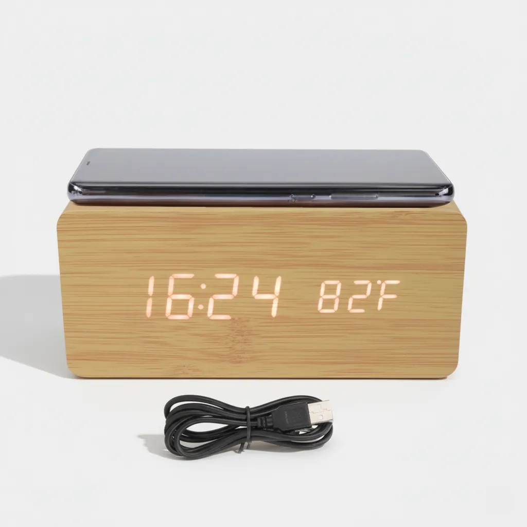 Wooden Digital Alarm clock with wireless charger